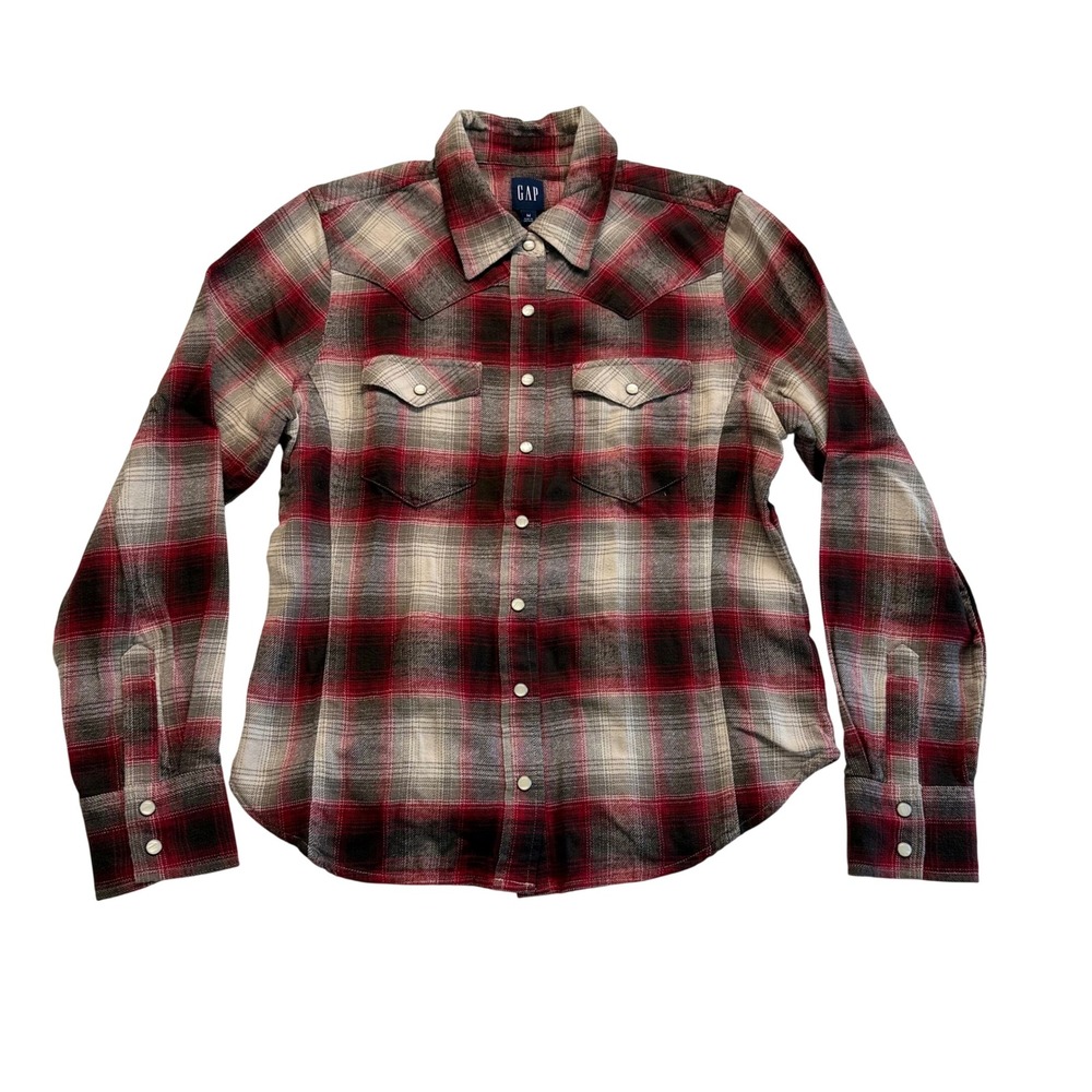 Gap Western Plaid Flannel Shirt Women Medium Red Grey Excellent Snap Button Top